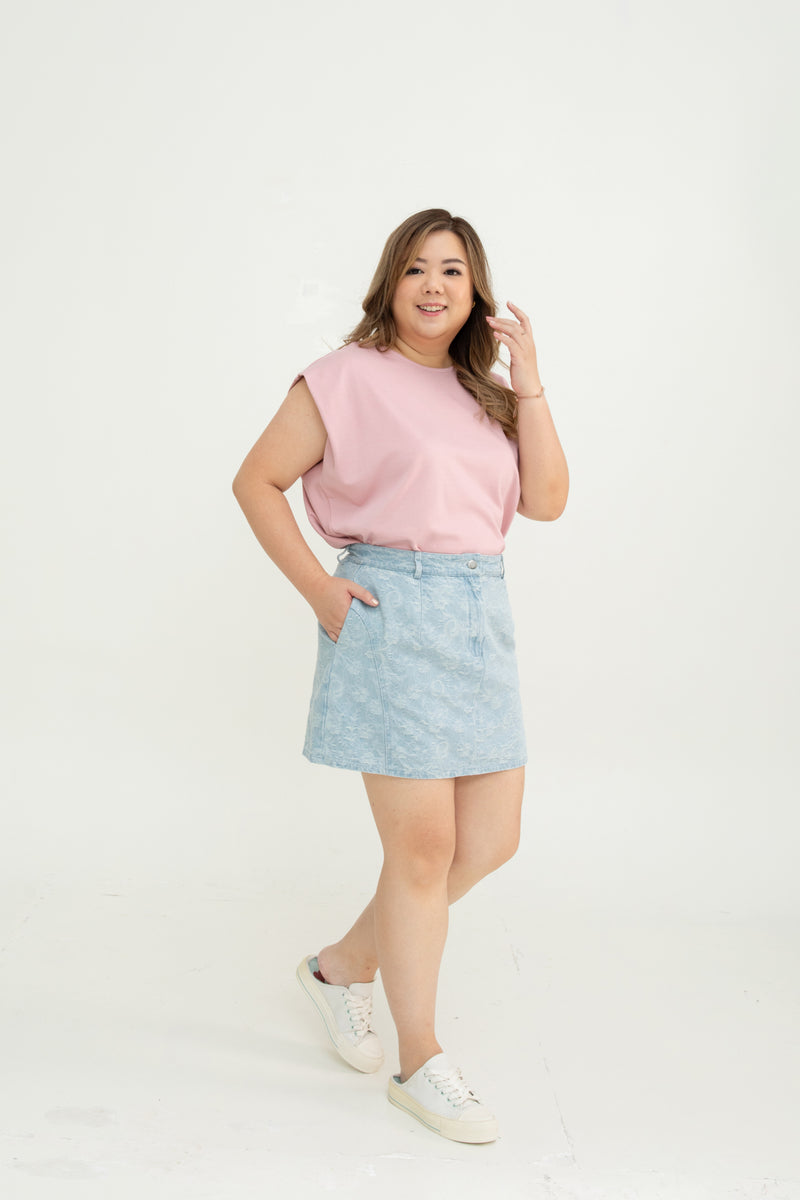 Floral Pattern Denim Skorts (Light Wash)
