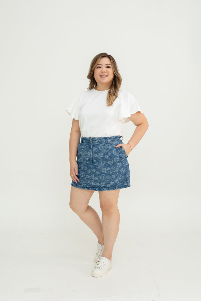 Floral Pattern Denim Skorts (Dark Wash)