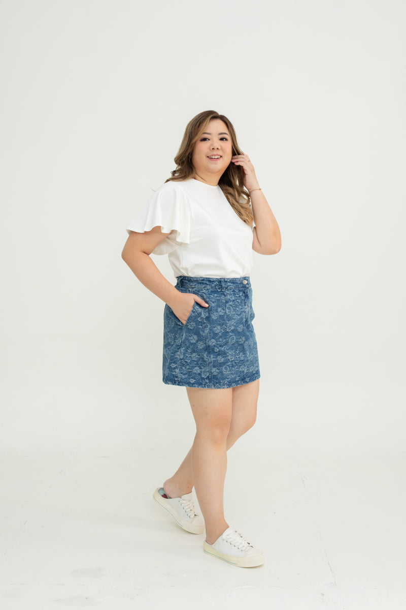 Floral Pattern Denim Skorts (Dark Wash)
