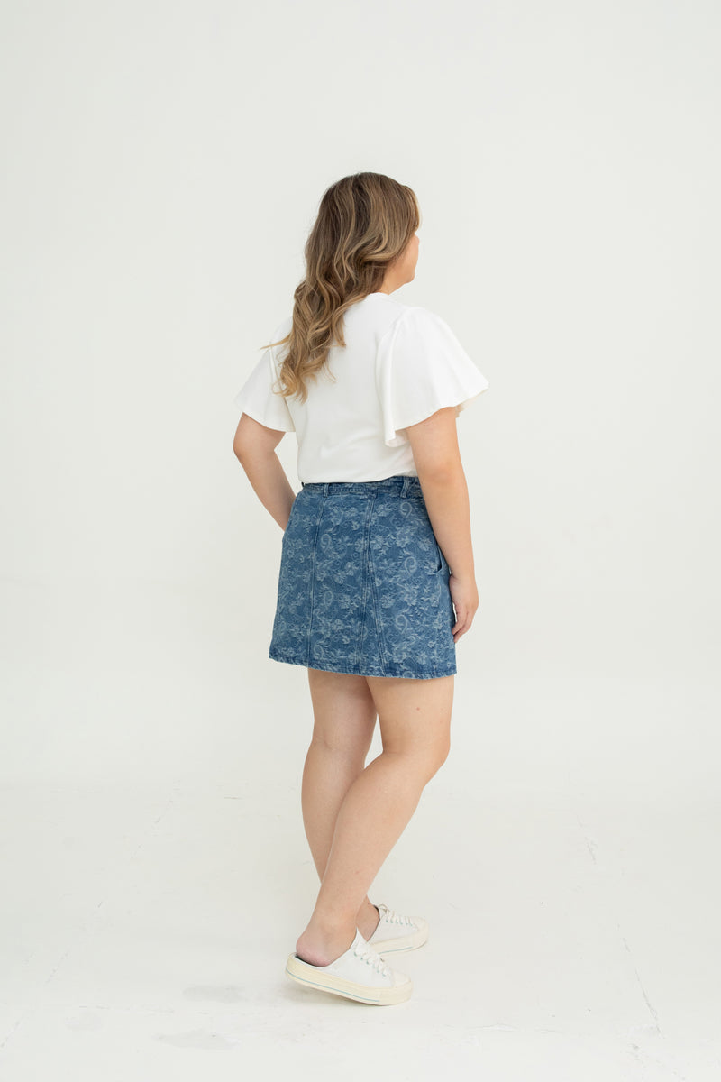 Floral Pattern Denim Skorts (Dark Wash)