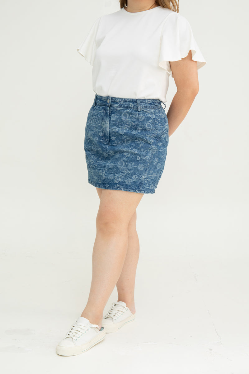 Floral Pattern Denim Skorts (Dark Wash)
