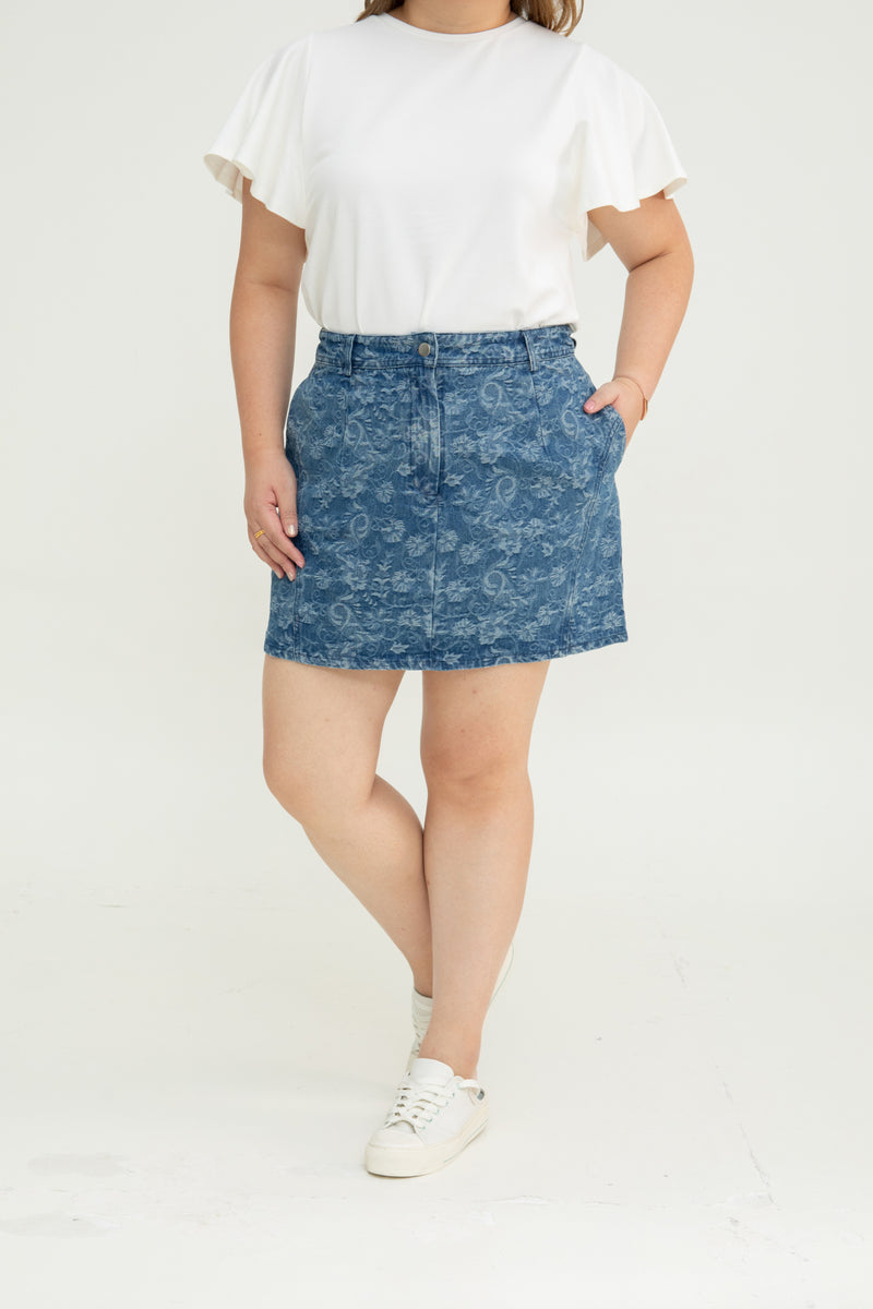 Floral Pattern Denim Skorts (Dark Wash)