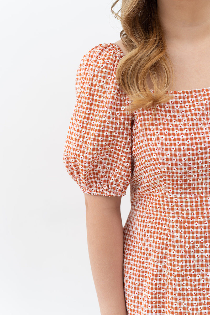2-way Puff Sleeves Textured Dress (Orange Daisy)