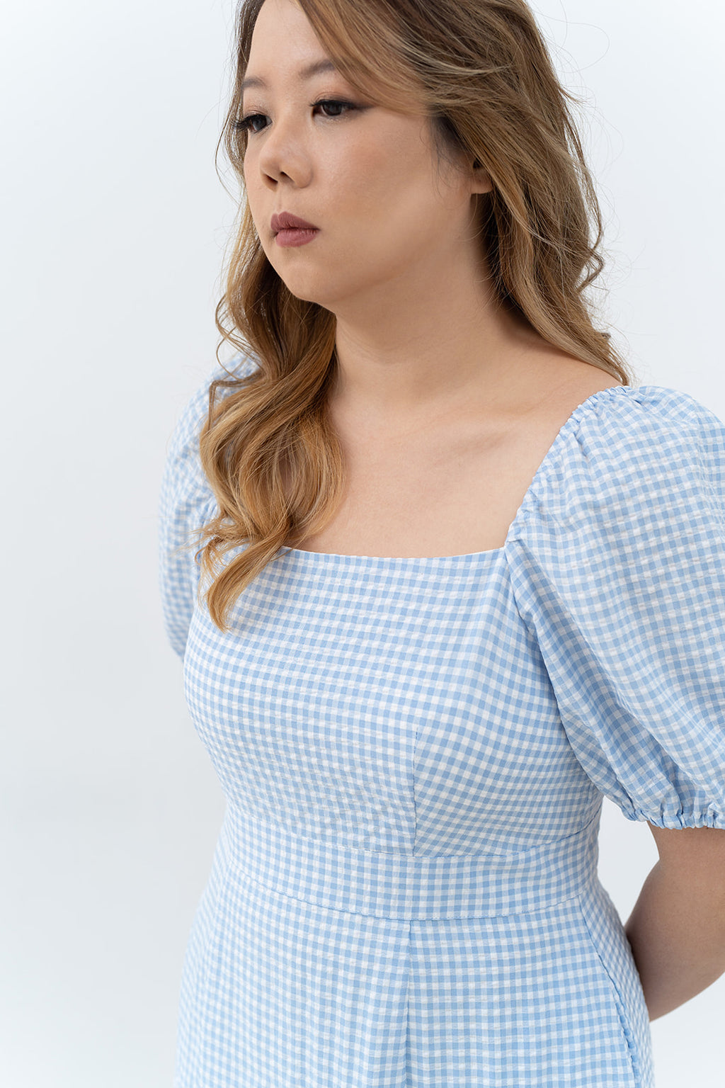2-way Puff Sleeves Textured Dress (Blue Checks)
