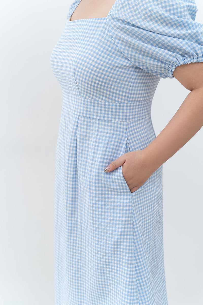 2-way Puff Sleeves Textured Dress (Blue Checks)