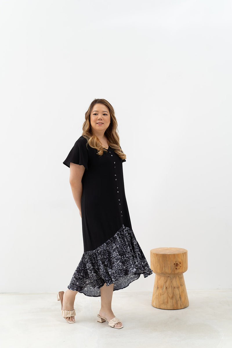 Asymmetrical Frills Midi Dress (Black)