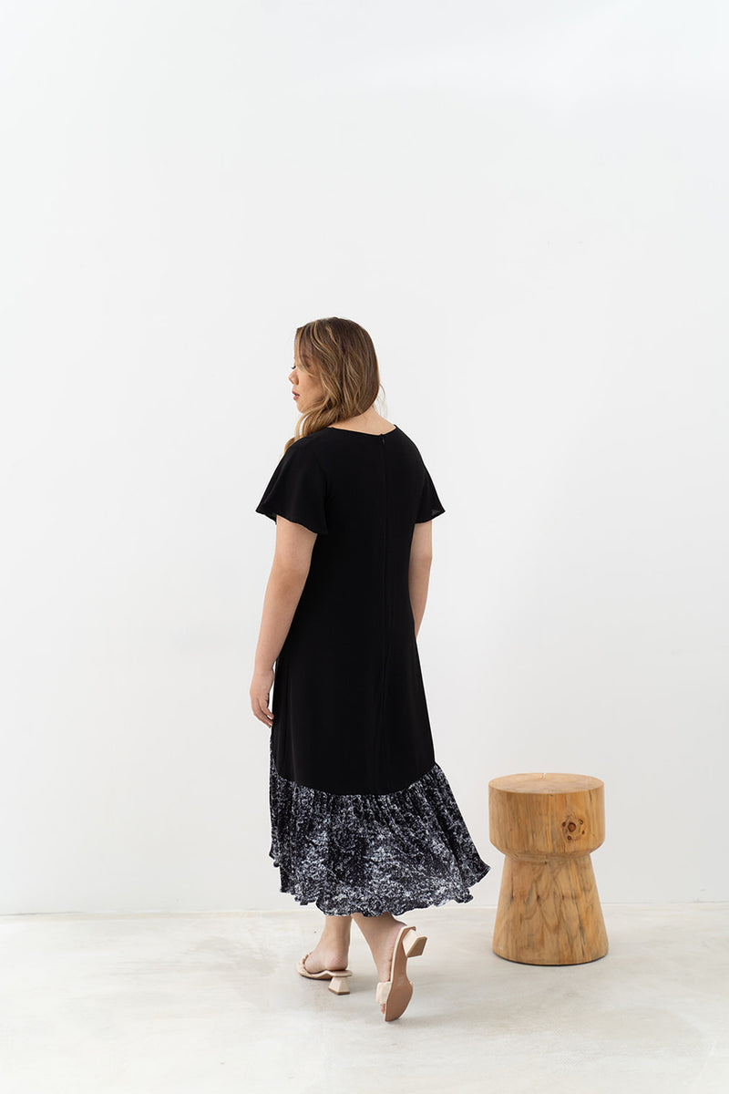 Asymmetrical Frills Midi Dress (Black)