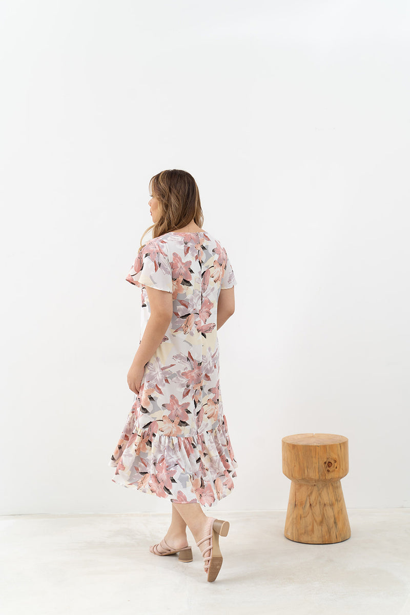 Asymmetrical Frills Midi Dress (Pink)