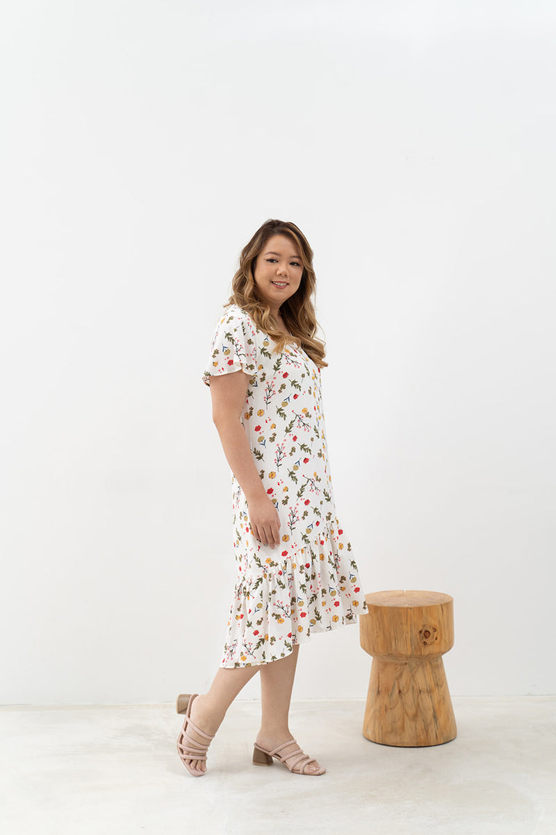 Asymmetrical Frills Midi Dress (White Daffodil)