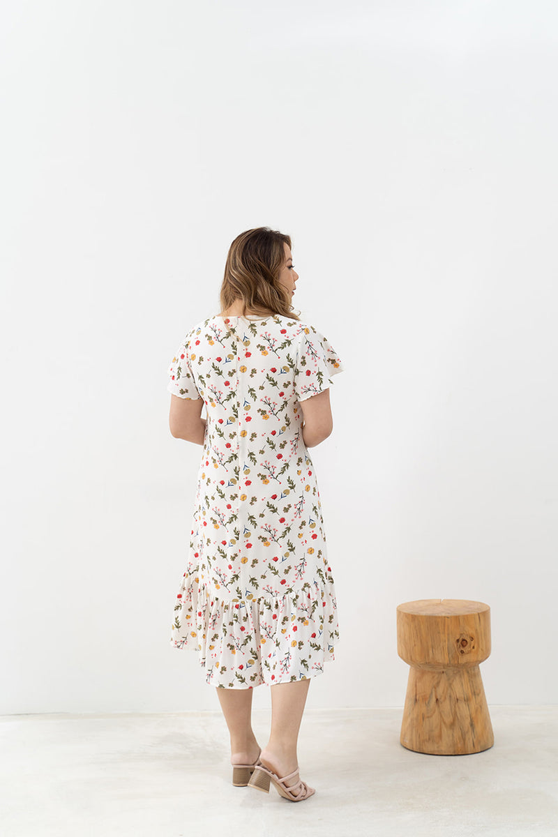 Asymmetrical Frills Midi Dress (White Daffodil)