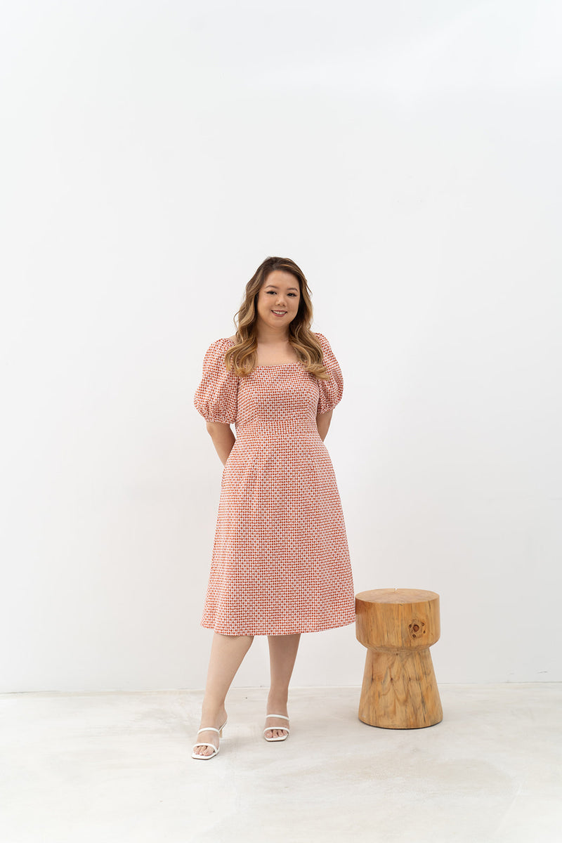 2-way Puff Sleeves Textured Dress (Orange Daisy)