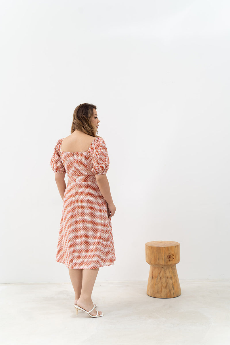 2-way Puff Sleeves Textured Dress (Orange Daisy)