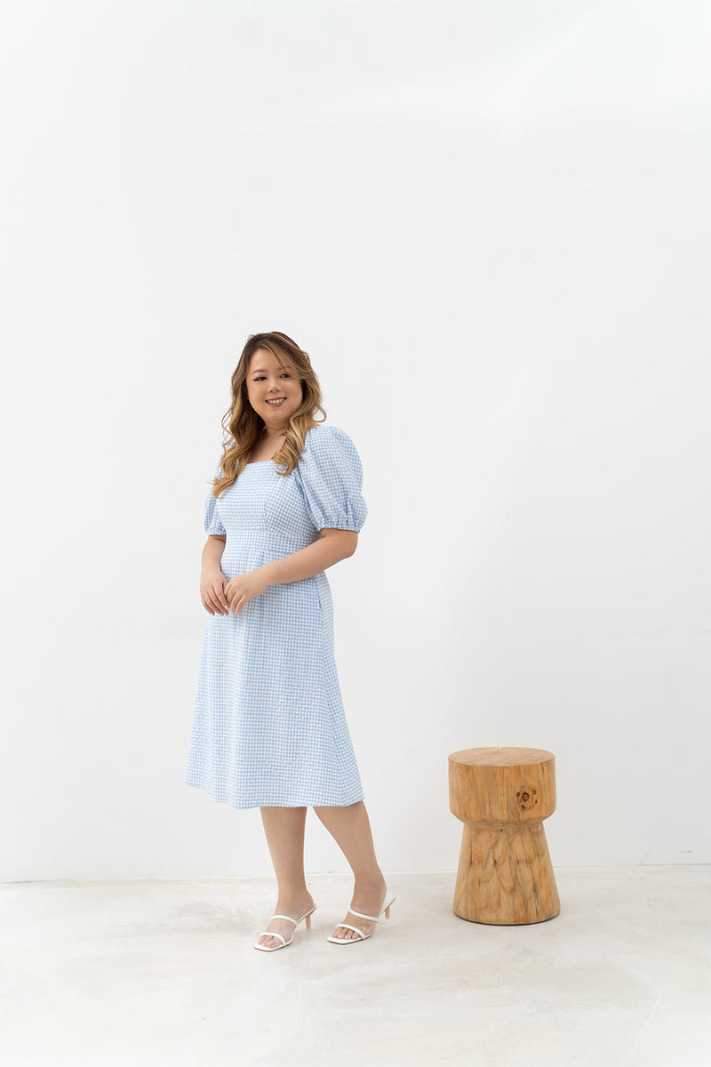 2-way Puff Sleeves Textured Dress (Blue Checks)