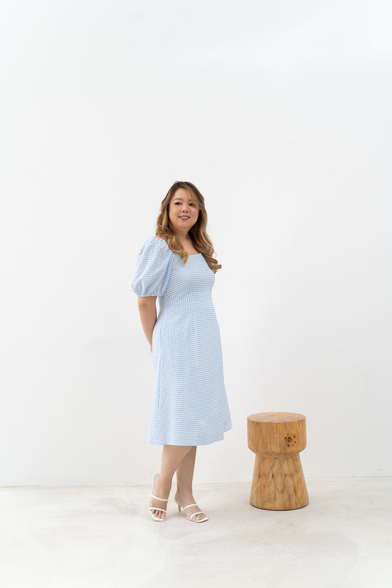 2-way Puff Sleeves Textured Dress (Blue Checks)