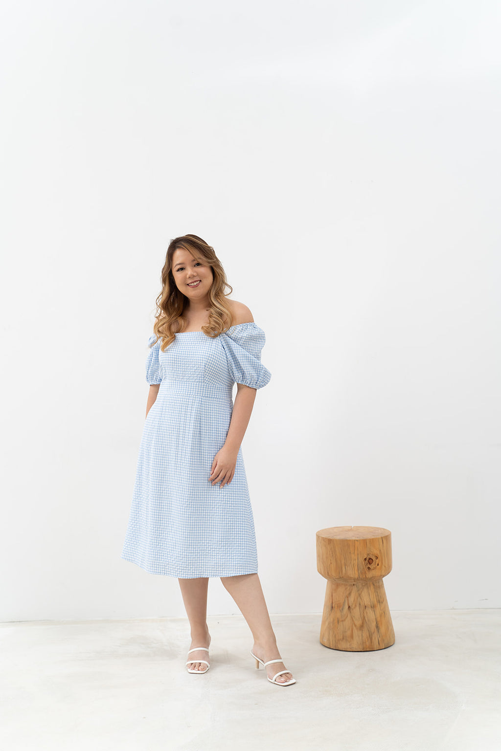 2-way Puff Sleeves Textured Dress (Blue Checks)