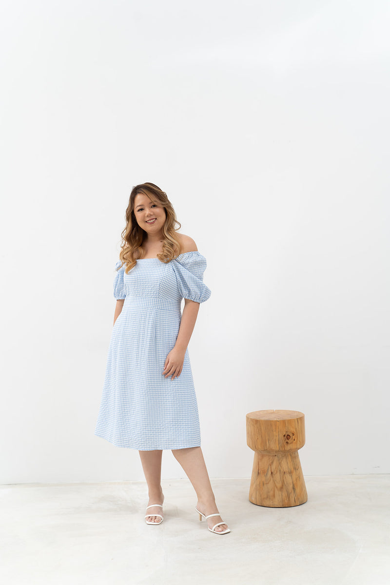 2-way Puff Sleeves Textured Dress (Blue Checks)