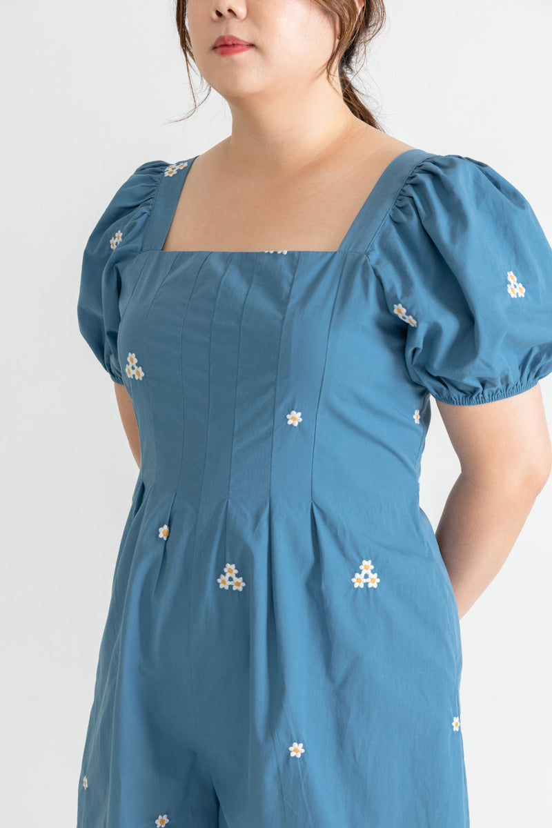 Front Panel Smock-back Romper (Blue Daisy)