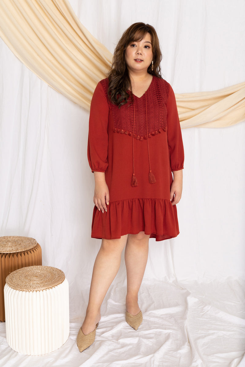 Crochet-Tassels Textured Dress (Burnt Orange), Dress - 1214 Alley