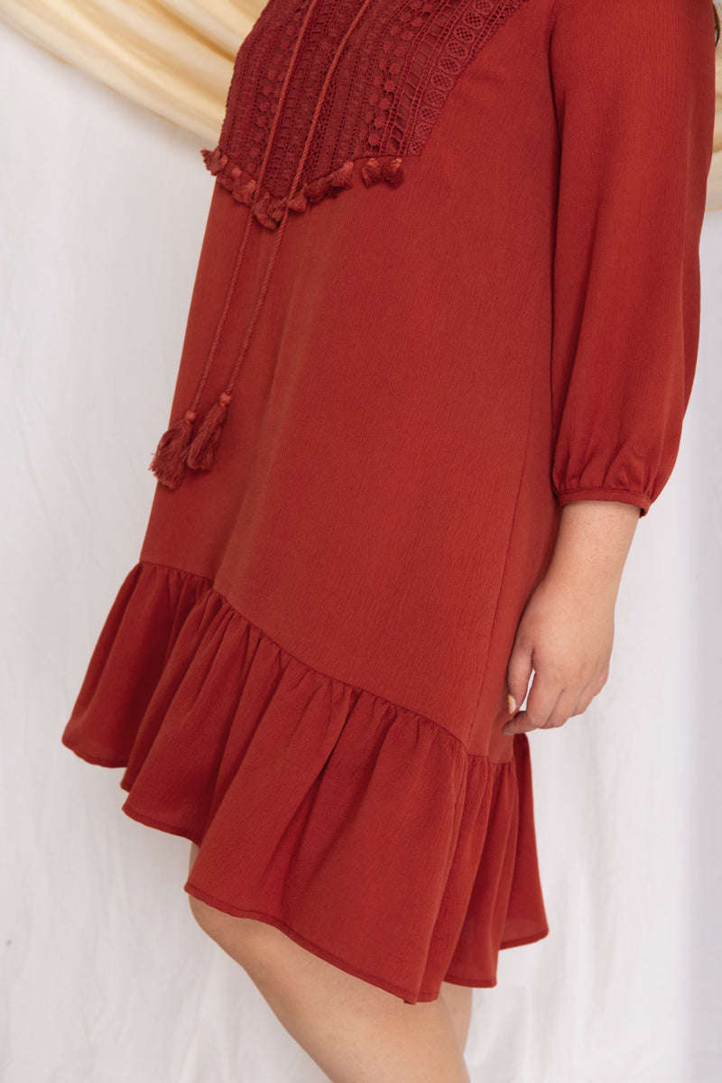 Crochet-Tassels Textured Dress (Burnt Orange), Dress - 1214 Alley