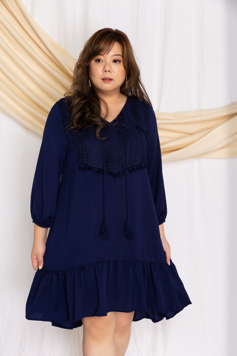 Crochet-Tassels Textured Dress (Navy), Dress - 1214 Alley