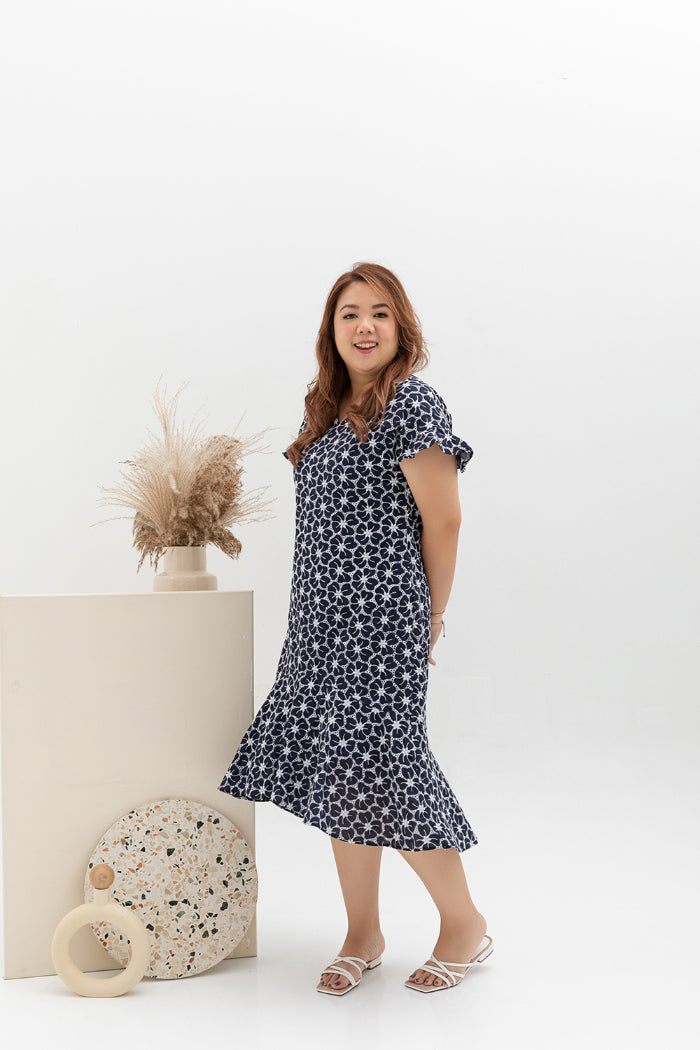 Flute Hem Midi Dress (Navy Floral Embroidery)