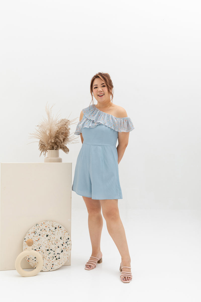 Floral Pleated Toga Romper (Pastel Blue)