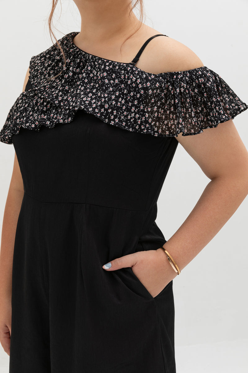 Floral Pleated Toga Romper (Black)