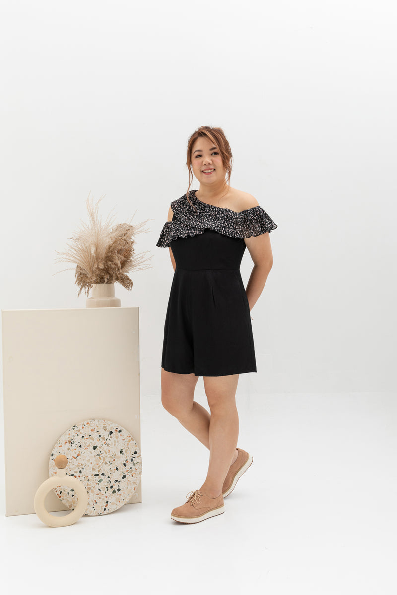 Floral Pleated Toga Romper (Black)