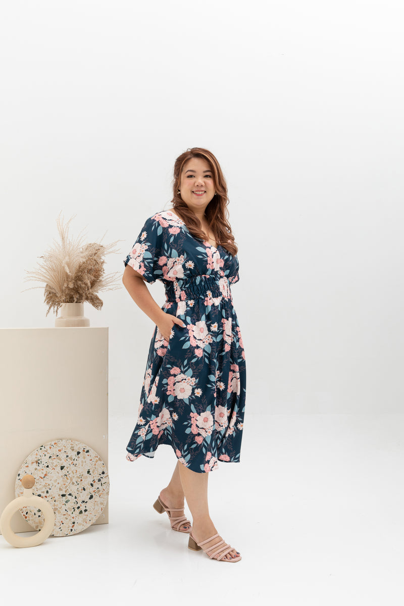 Smocked Waist Dress (édition limitée print - Navy Blossom)