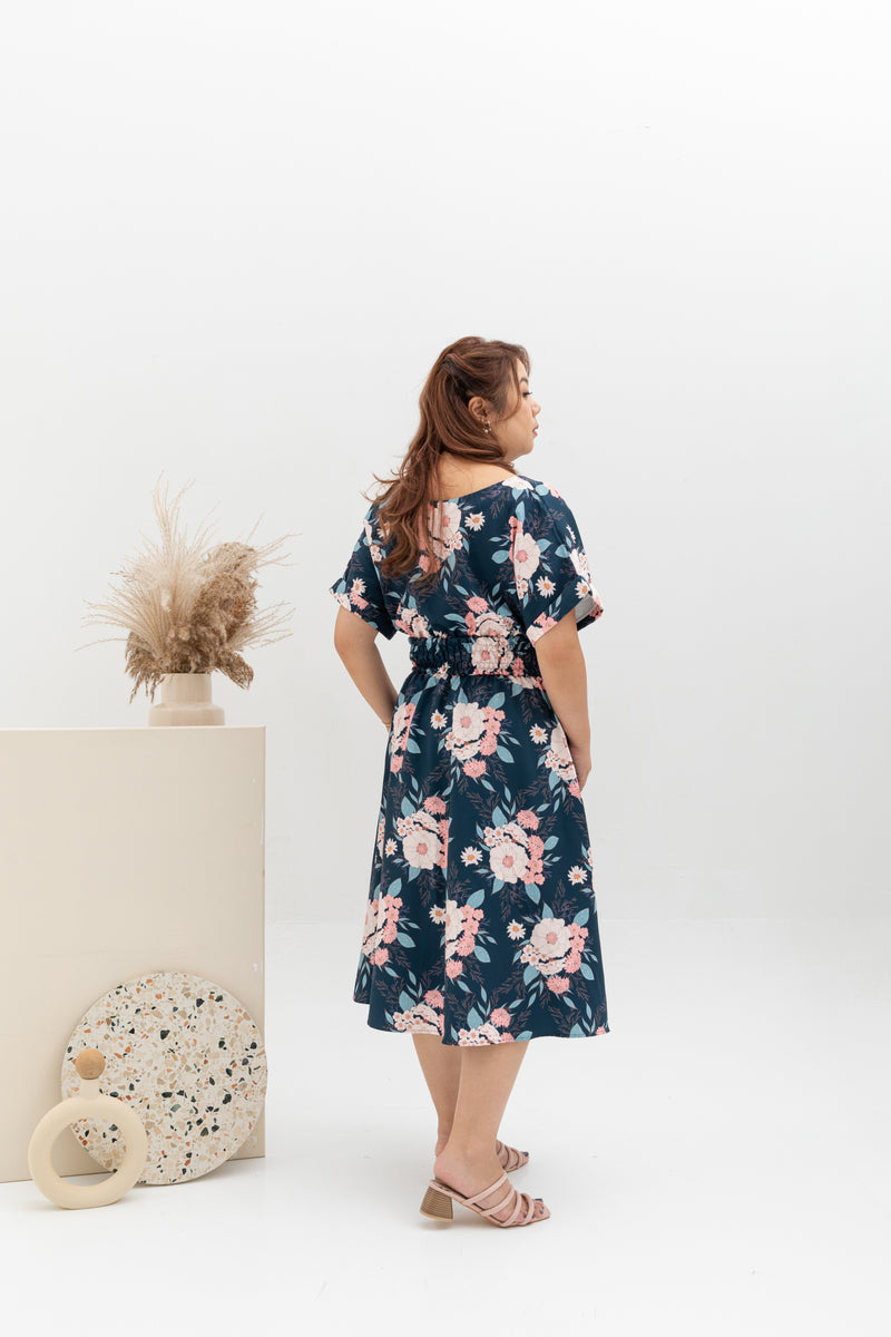 Smocked Waist Dress (édition limitée print - Navy Blossom)