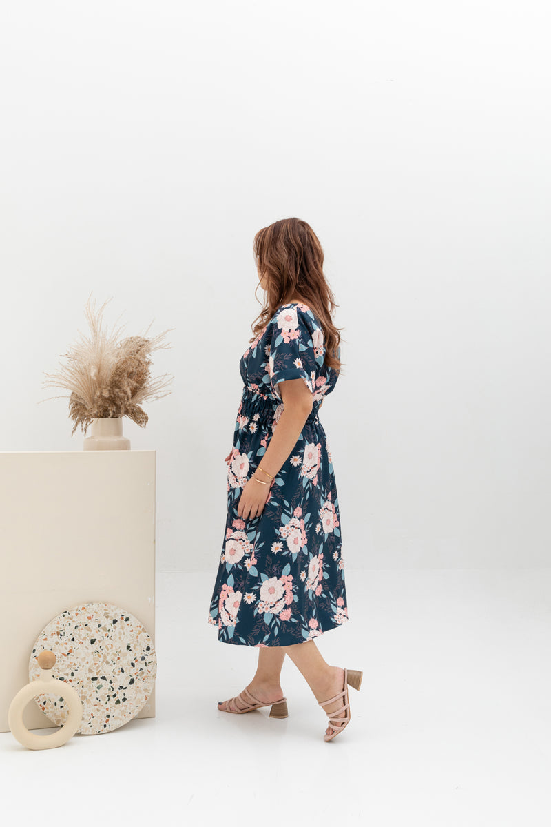 Smocked Waist Dress (édition limitée print - Navy Blossom)