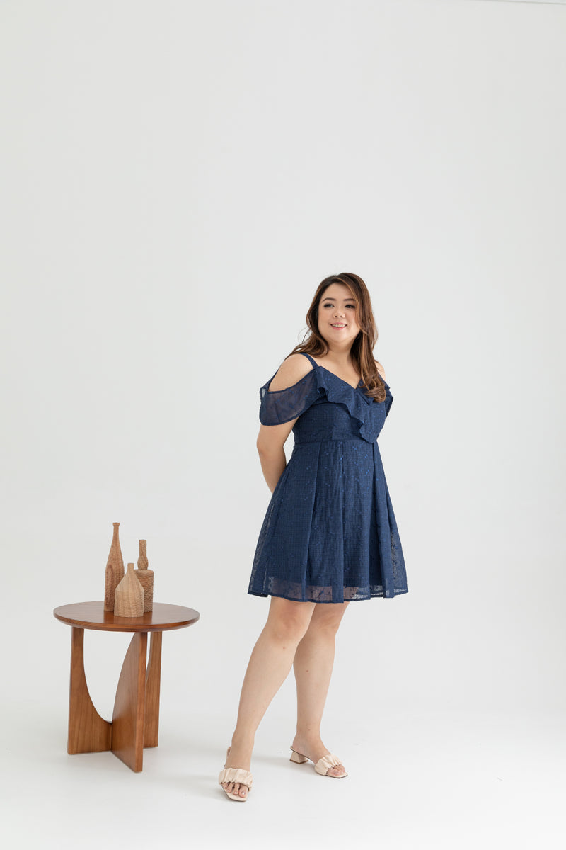 Cold Shoulder Panel Flare Dress (Navy Florals Embroidery)