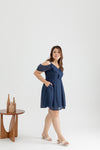 Cold Shoulder Panel Flare Dress (Navy Florals Embroidery)