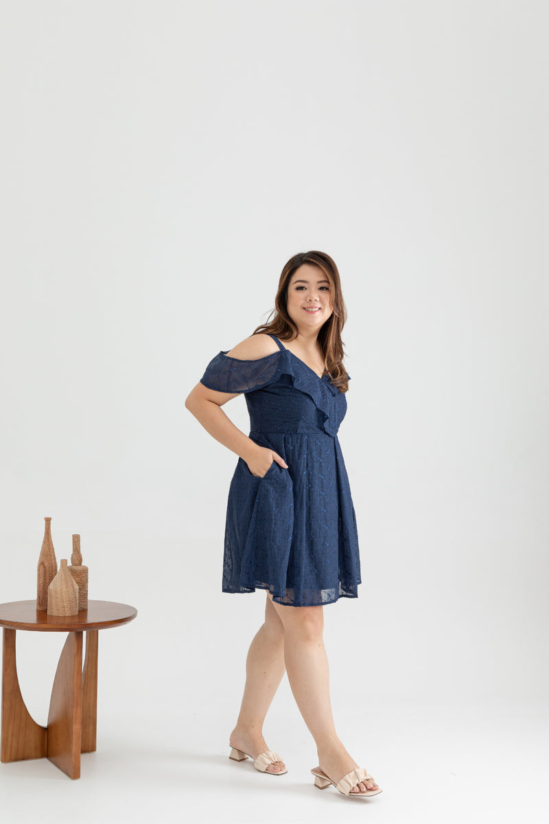 Cold Shoulder Panel Flare Dress (Navy Florals Embroidery)