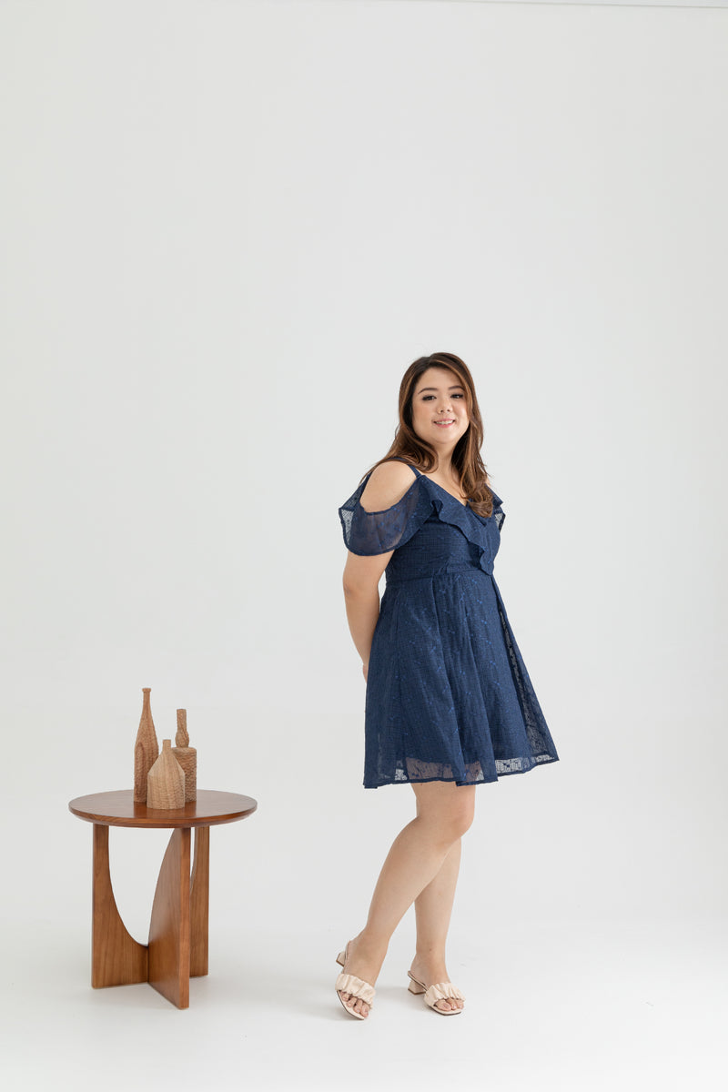 Cold Shoulder Panel Flare Dress (Navy Florals Embroidery)