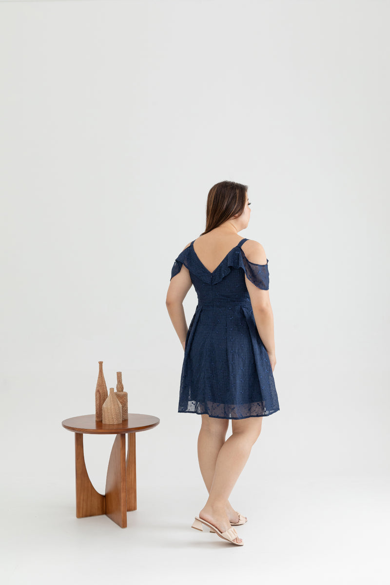 Cold Shoulder Panel Flare Dress (Navy Florals Embroidery)