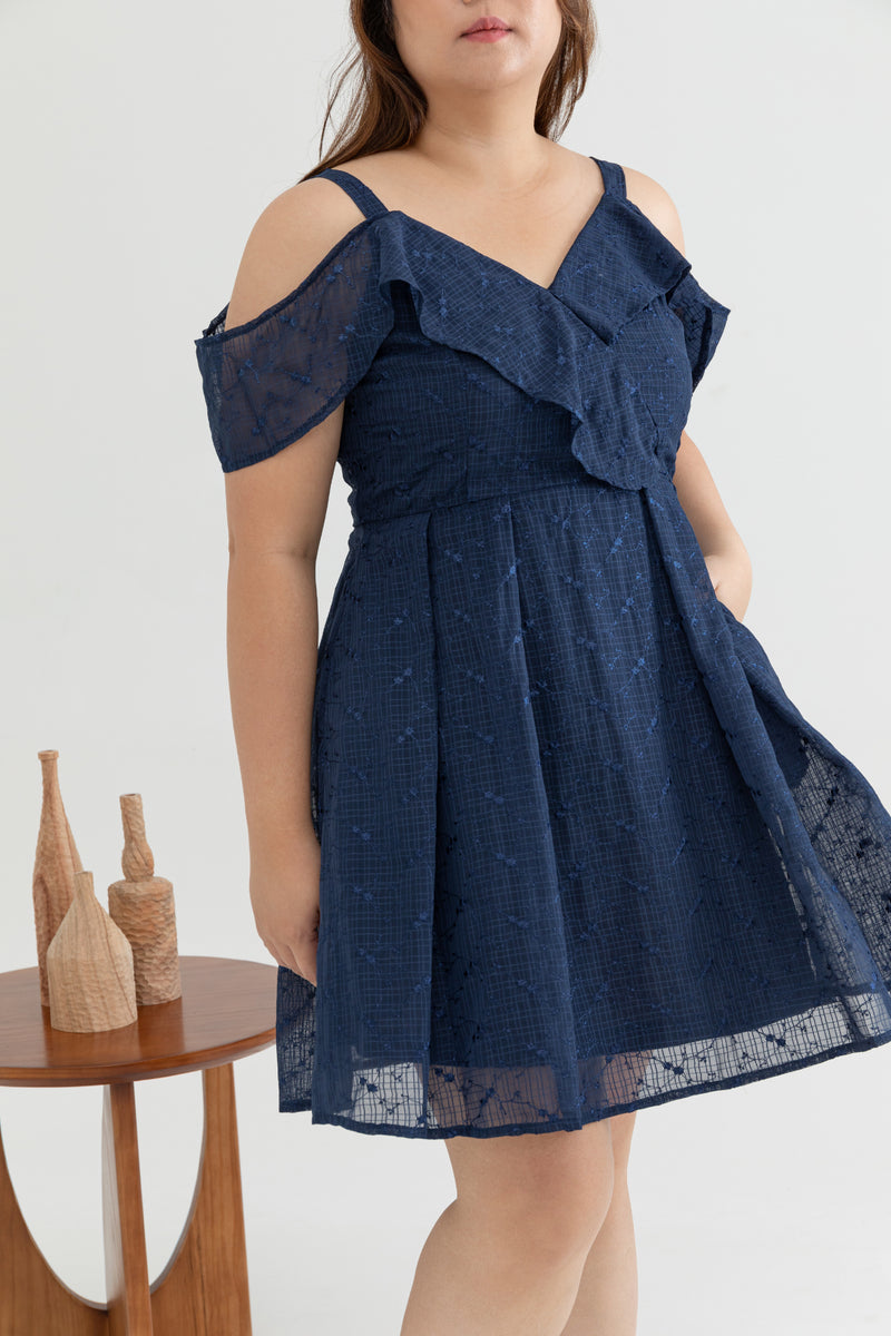Cold Shoulder Panel Flare Dress (Navy Florals Embroidery)