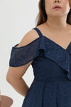 Cold Shoulder Panel Flare Dress (Navy Florals Embroidery)