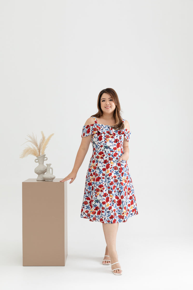 Front Pockets Midi Dress (Scarlet Tulips)