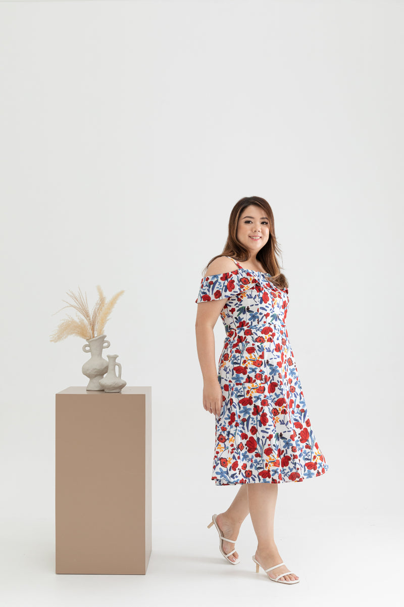 Front Pockets Midi Dress (Scarlet Tulips)