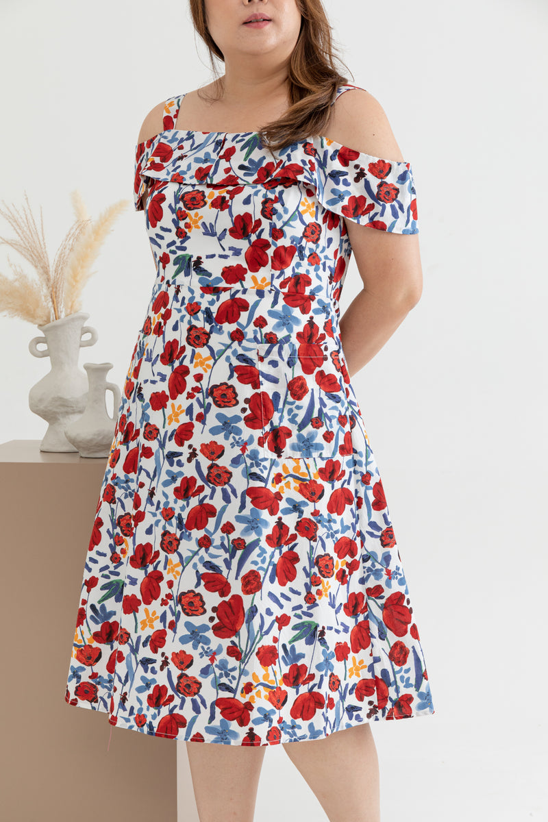 Front Pockets Midi Dress (Scarlet Tulips)