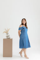 Front Pockets Cold Shoulder Midi Dress (Denim Blue)