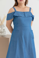 Front Pockets Cold Shoulder Midi Dress (Denim Blue)