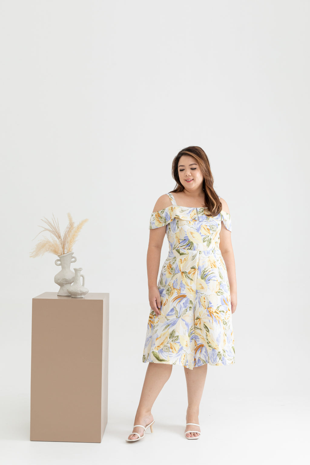 Floral Cold Shoulder Midi Jumpsuit (Yellow Lilies)