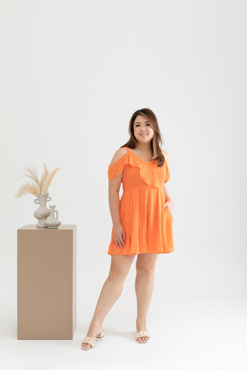 Cold Shoulder Textured Chiffon Romper (Mandarin Orange)