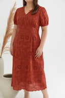 Embroidery Eyelet Scallop Hem Midi Dress (Burnt Orange)