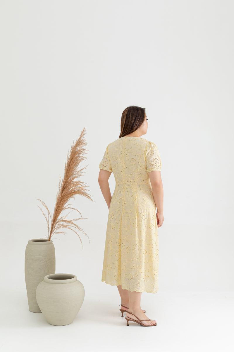 Embroidery Eyelet Scallop Hem Midi Dress (Sunshine)