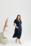 Embroidery Eyelet Scallop Hem Midi Dress (Navy)