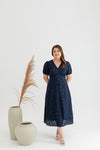 Embroidery Eyelet Scallop Hem Midi Dress (Navy)