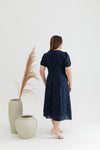 Embroidery Eyelet Scallop Hem Midi Dress (Navy)